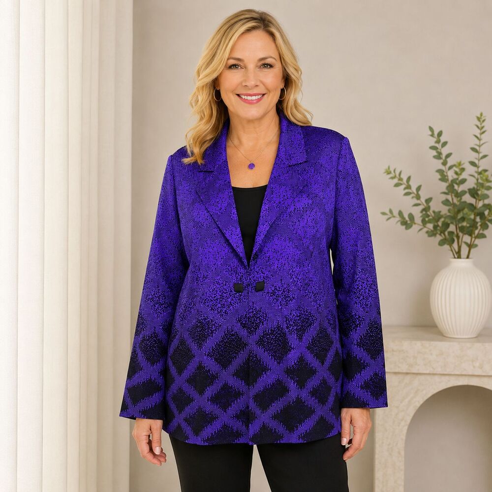 Ming Wang 1X Purple Black Textured Knit Jacket Blazer Hook Eye Shoulder Pads